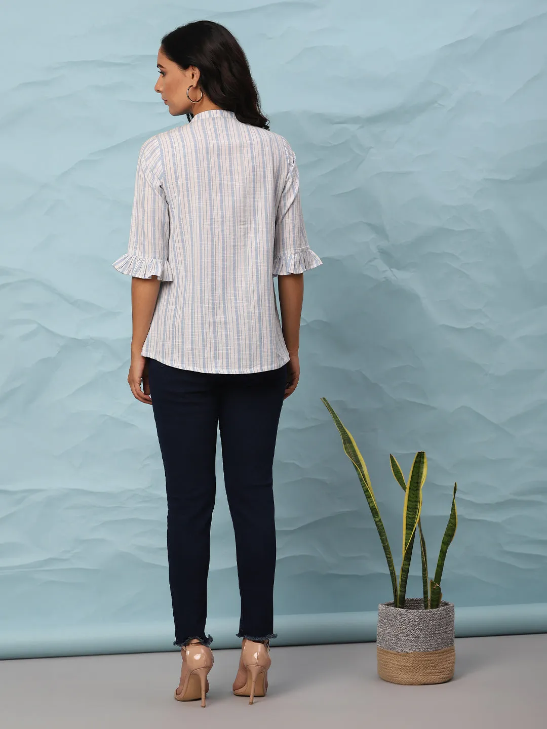 White Cotton Slub Striped Straight Top