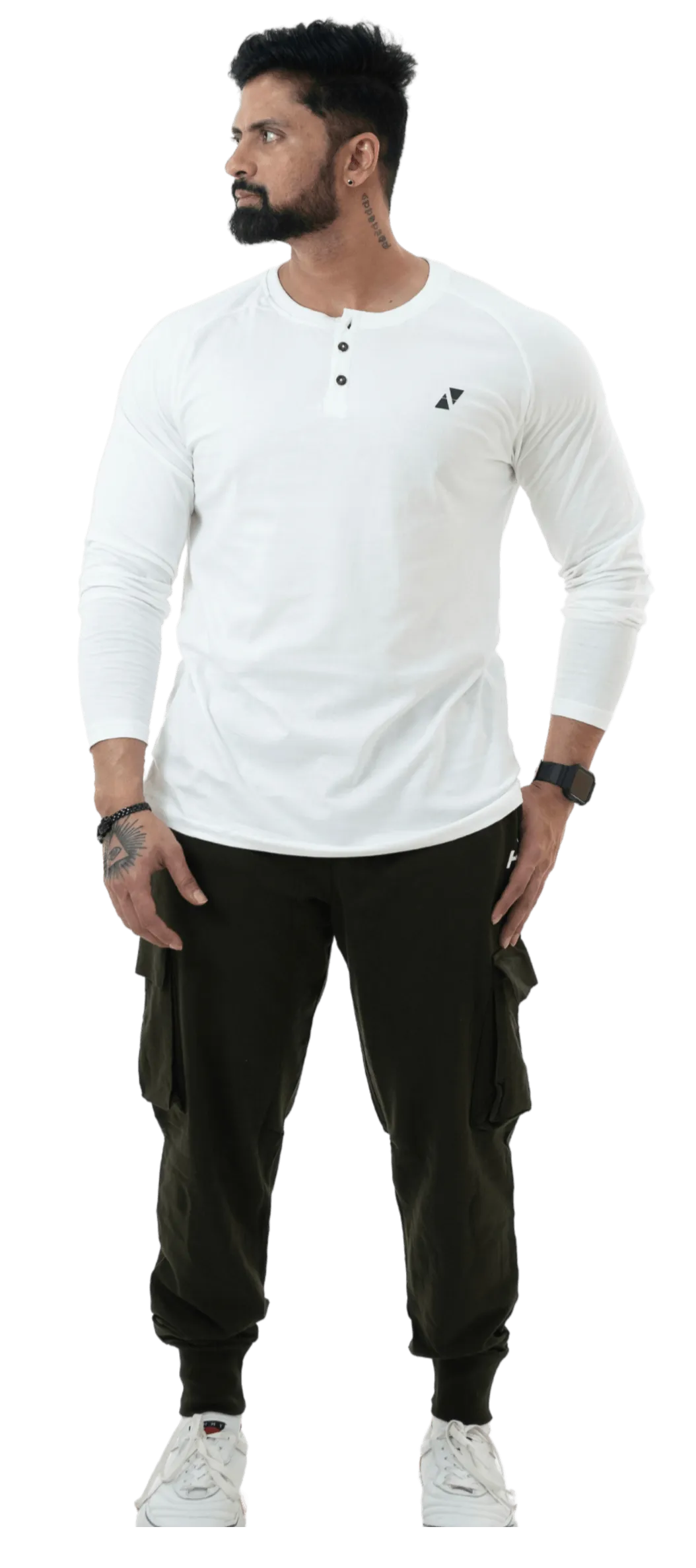 White Full Sleeves Henley Tee