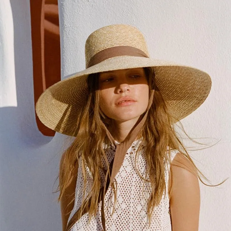 Wide Brim Beach Hats With Neck Tie For Women Large UV Protection Sun Hats Summer Big Brim Wheat Straw Hats