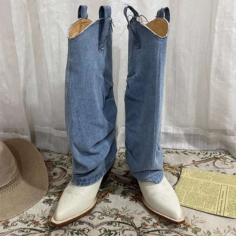 Wide-Shaft Wedge Leather Boots Foldover Western Boots Blue & Off-White Mid Cowboy Boots