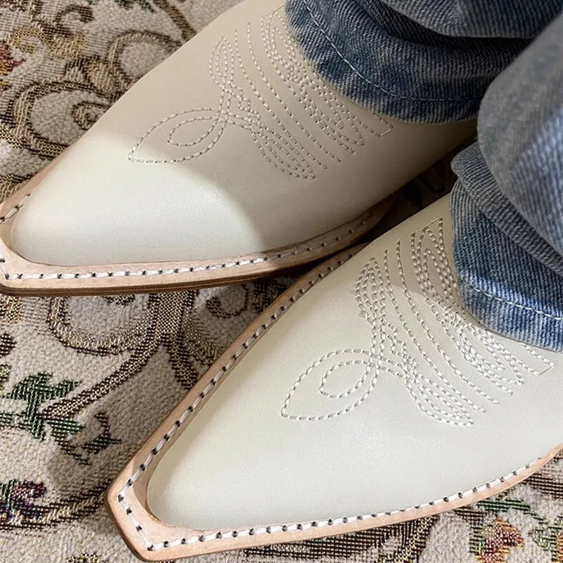 Wide-Shaft Wedge Leather Boots Foldover Western Boots Blue & Off-White Mid Cowboy Boots