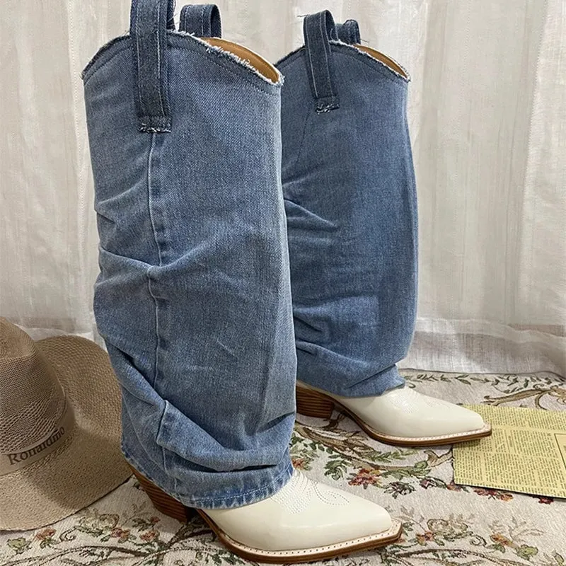 Wide-Shaft Wedge Leather Boots Foldover Western Boots Blue & Off-White Mid Cowboy Boots