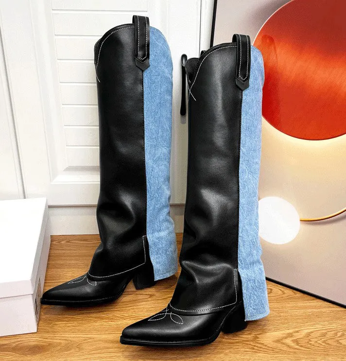 Wide-Shaft Wedge Leather Boots Riding Boots for Women In Black/Blue  - Foldover Leather Tall Boots