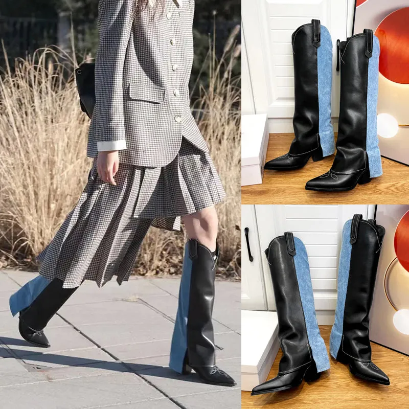 Wide-Shaft Wedge Leather Boots Riding Boots for Women In Black/Blue  - Foldover Leather Tall Boots