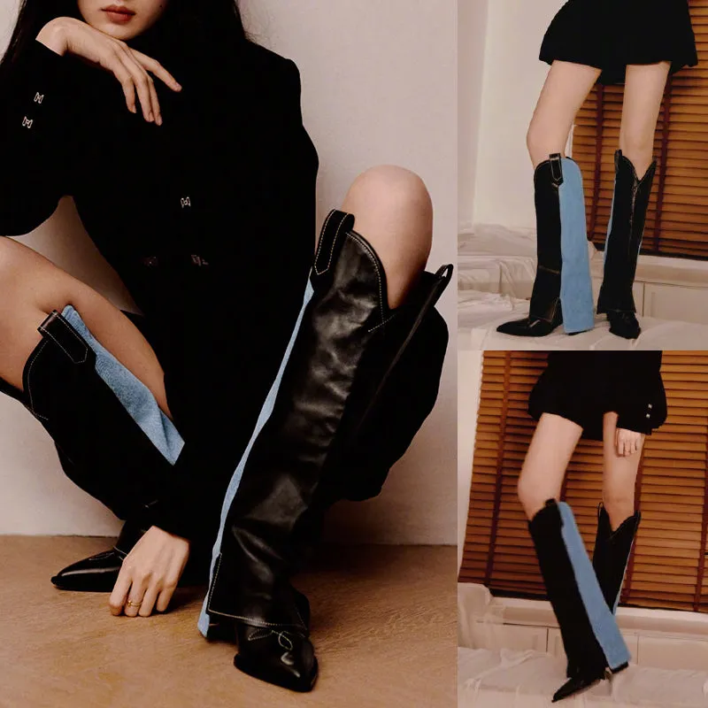 Wide-Shaft Wedge Leather Boots Riding Boots for Women In Black/Blue  - Foldover Leather Tall Boots