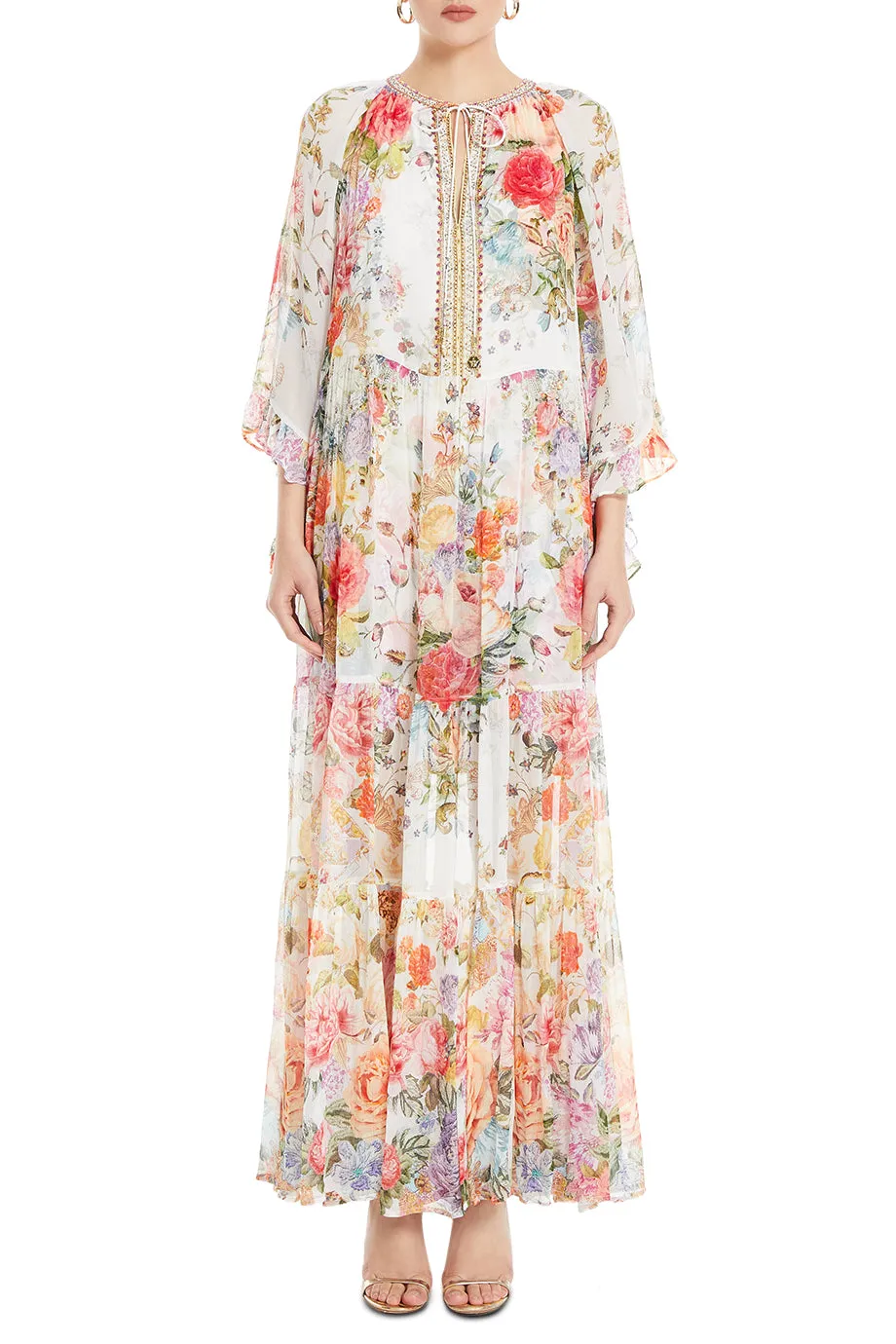 Wide Sleeve Gathered Floral Maxi Dress