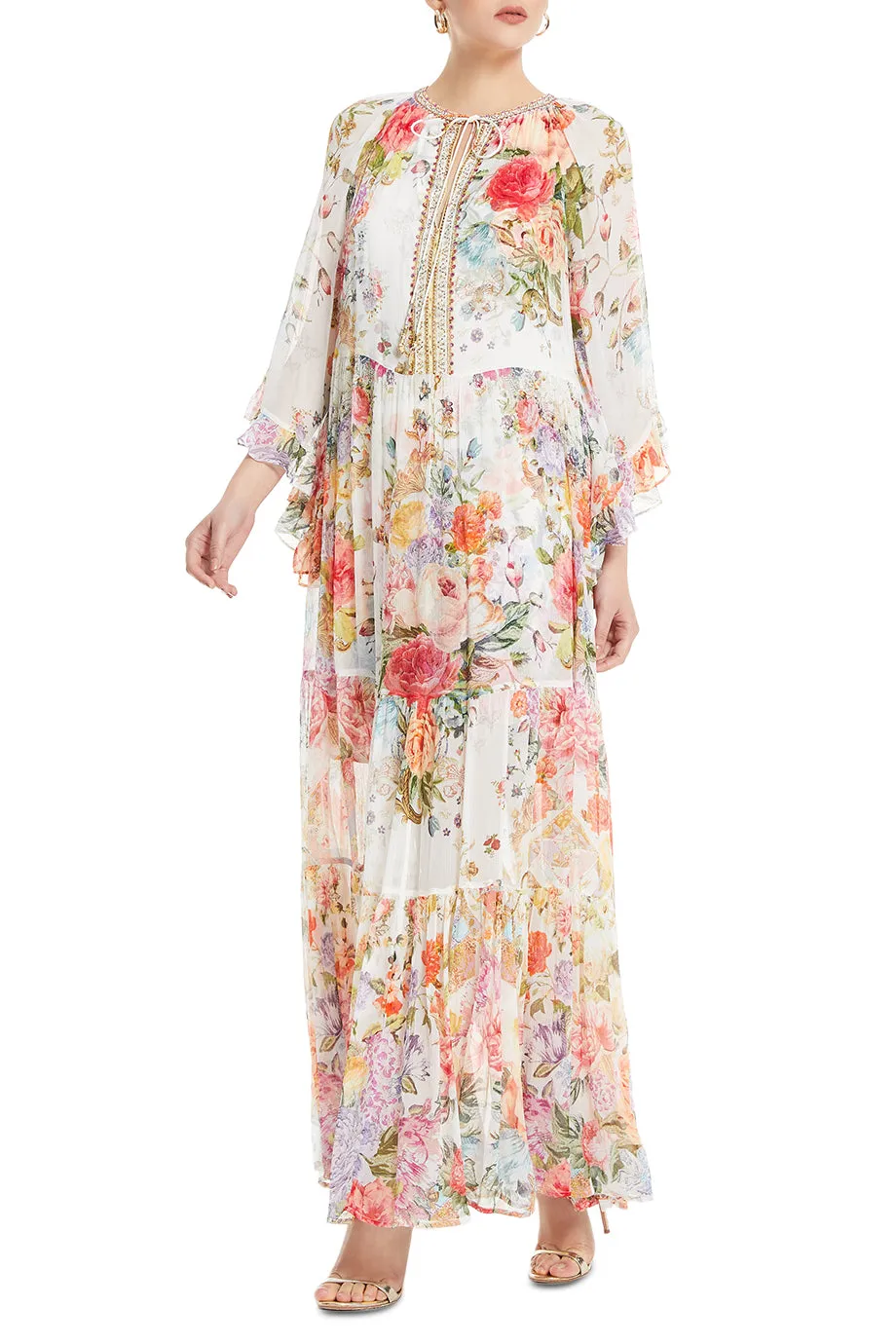 Wide Sleeve Gathered Floral Maxi Dress