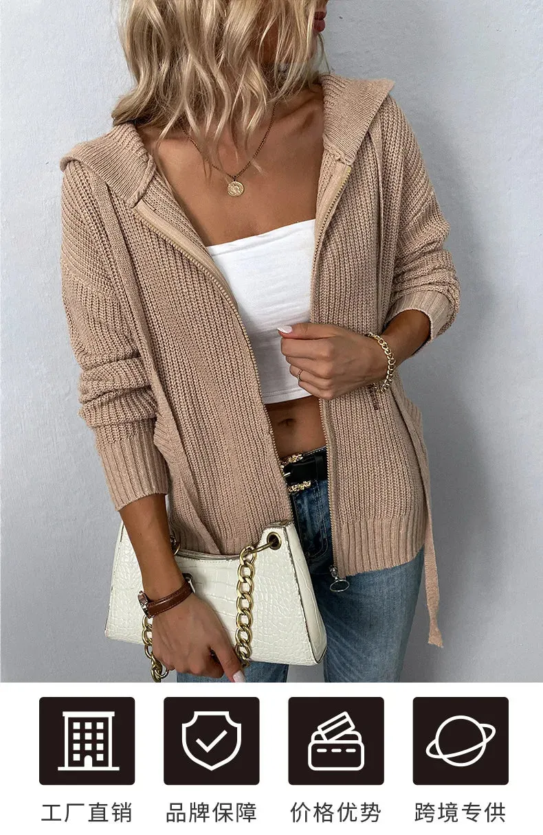 woman sweater cardigan 2022 autumn/winter Solid color hooded zipper draw string woman's clothing dropshipping MMYD2812