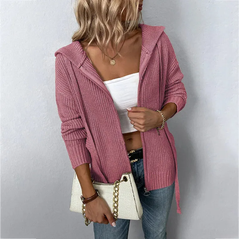 woman sweater cardigan 2022 autumn/winter Solid color hooded zipper draw string woman's clothing dropshipping MMYD2812