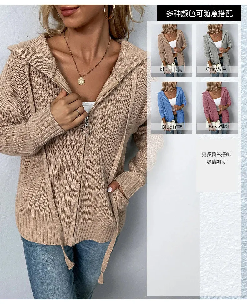 woman sweater cardigan 2022 autumn/winter Solid color hooded zipper draw string woman's clothing dropshipping MMYD2812