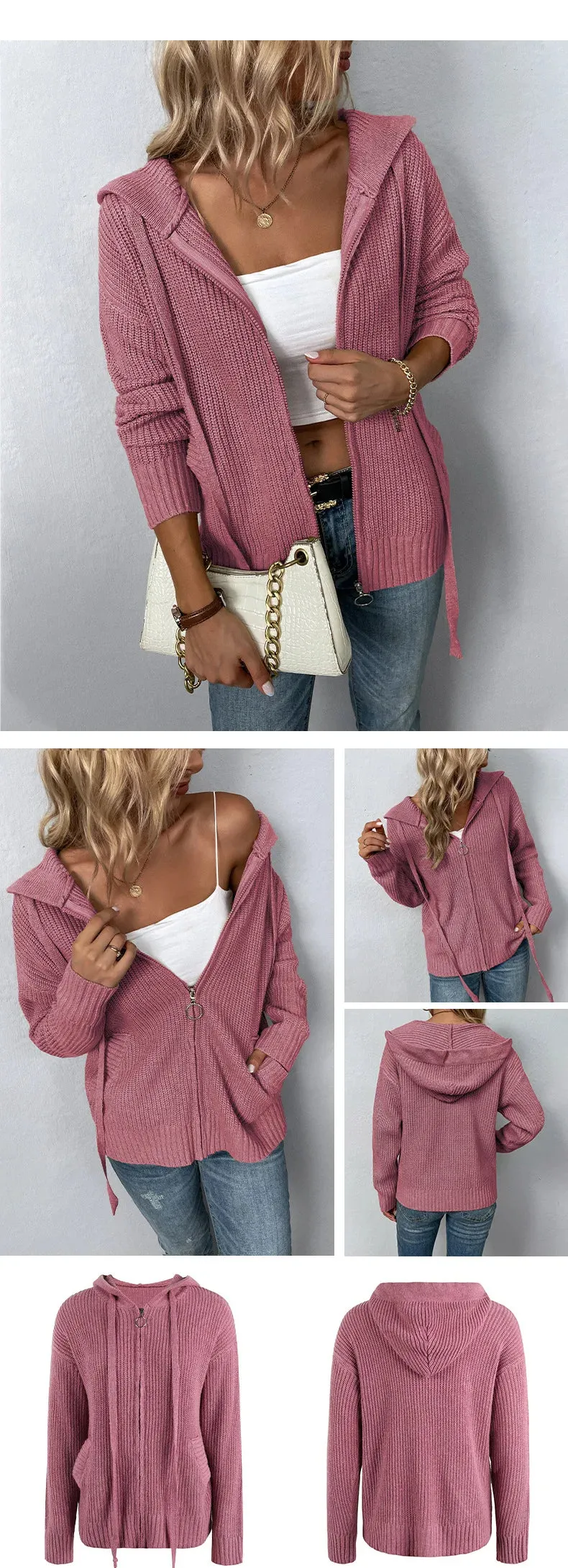 woman sweater cardigan 2022 autumn/winter Solid color hooded zipper draw string woman's clothing dropshipping MMYD2812