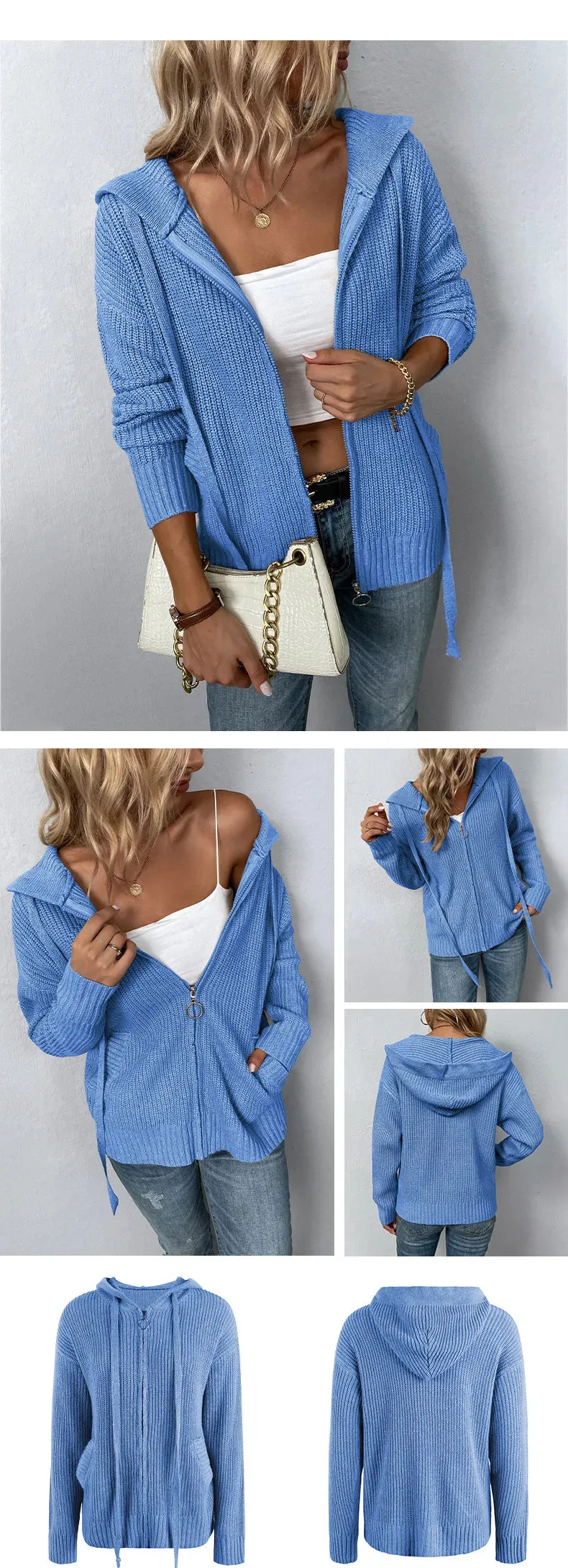 woman sweater cardigan 2022 autumn/winter Solid color hooded zipper draw string woman's clothing dropshipping MMYD2812