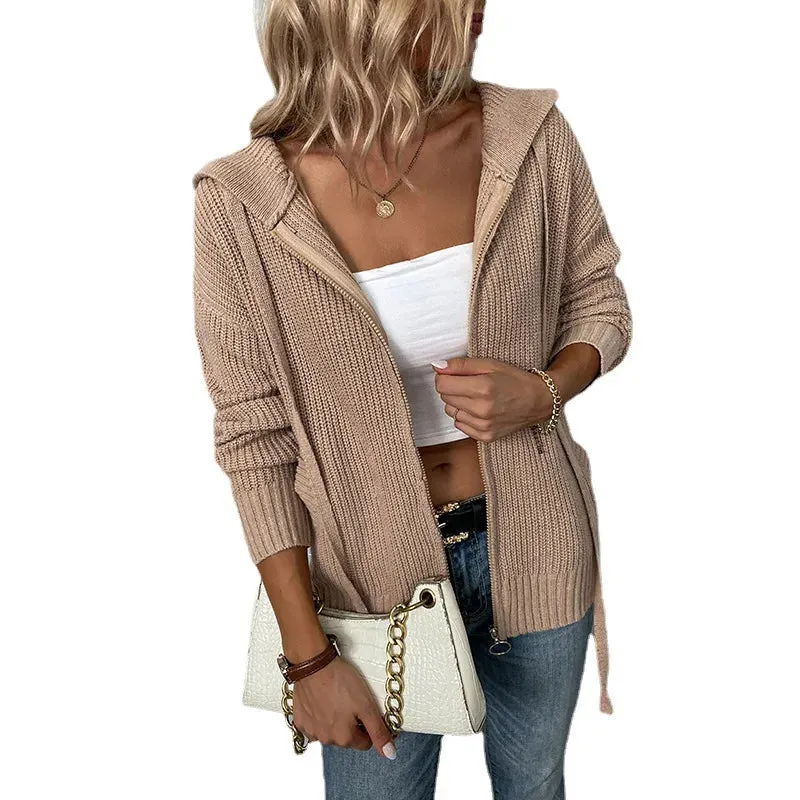 woman sweater cardigan 2022 autumn/winter Solid color hooded zipper draw string woman's clothing dropshipping MMYD2812