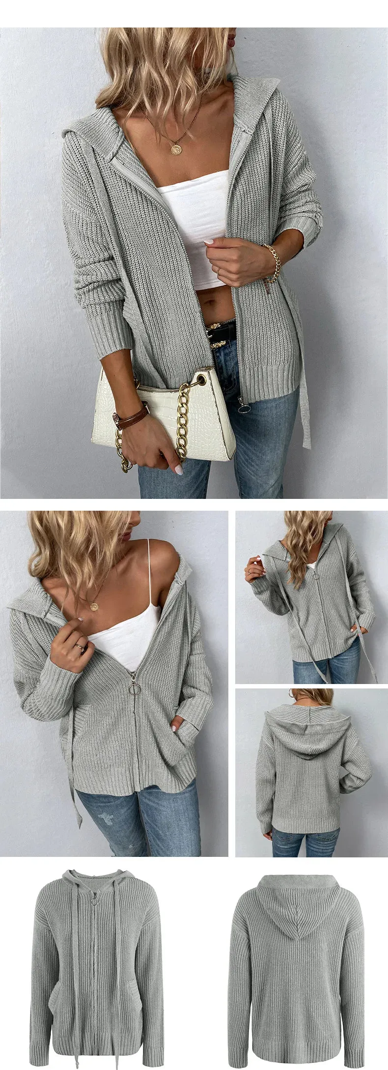 woman sweater cardigan 2022 autumn/winter Solid color hooded zipper draw string woman's clothing dropshipping MMYD2812