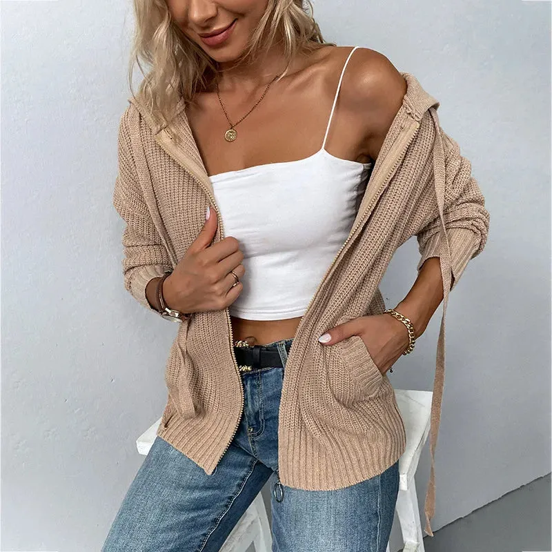 woman sweater cardigan 2022 autumn/winter Solid color hooded zipper draw string woman's clothing dropshipping MMYD2812