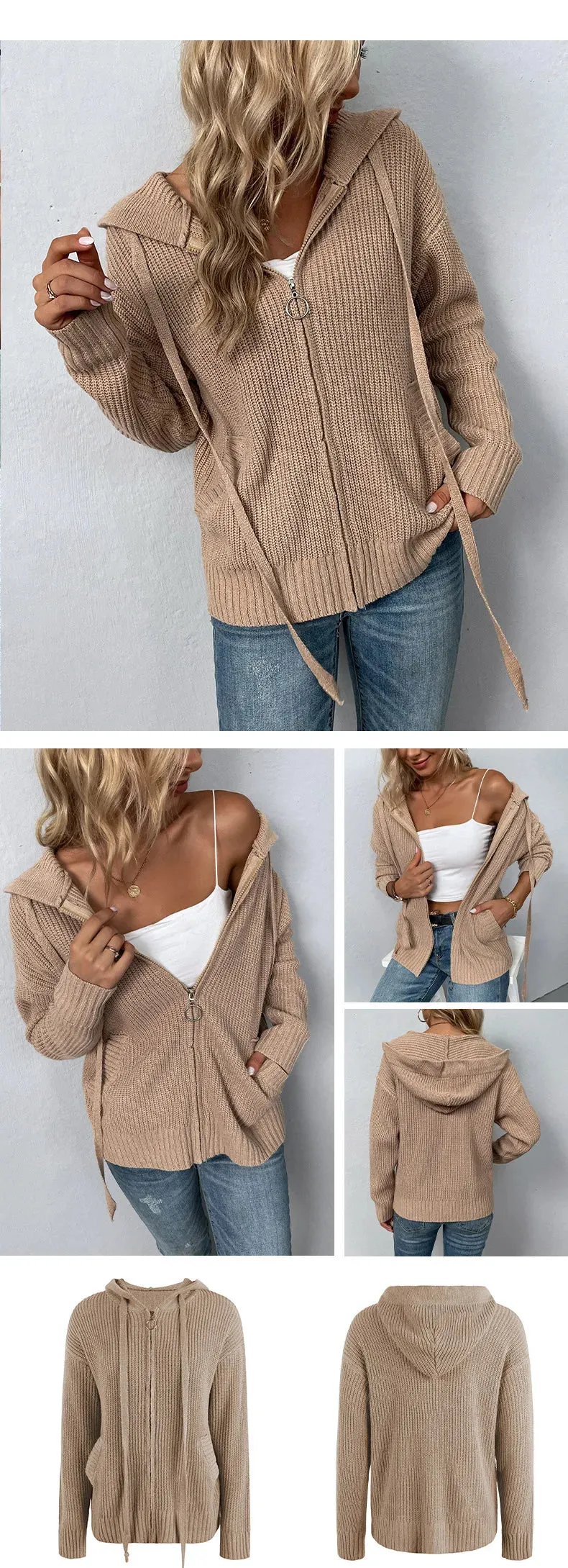 woman sweater cardigan 2022 autumn/winter Solid color hooded zipper draw string woman's clothing dropshipping MMYD2812