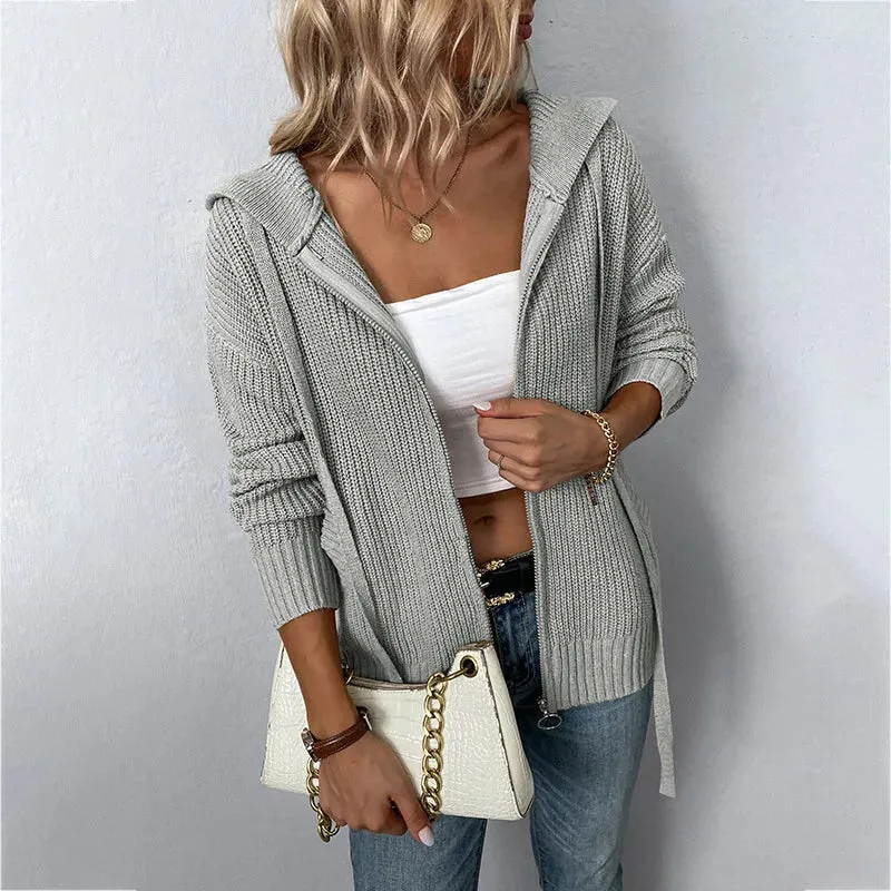 woman sweater cardigan 2022 autumn/winter Solid color hooded zipper draw string woman's clothing dropshipping MMYD2812