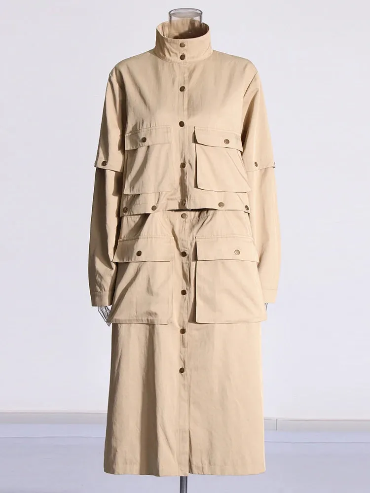 Women's Cargo Detachable Full-Length Trench Coat