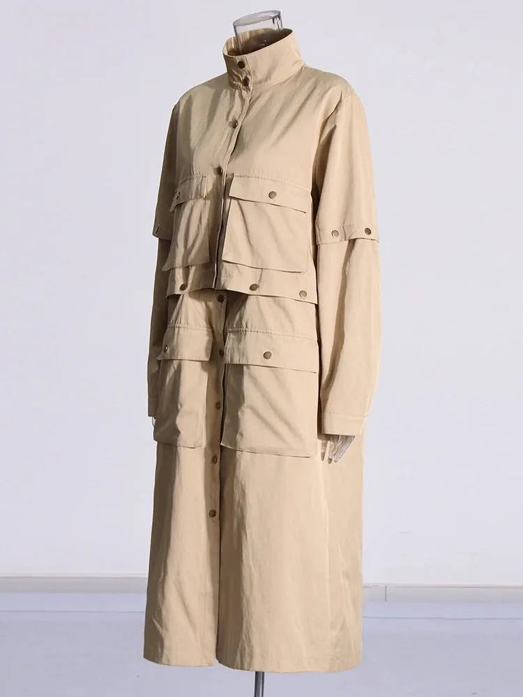 Women's Cargo Detachable Full-Length Trench Coat