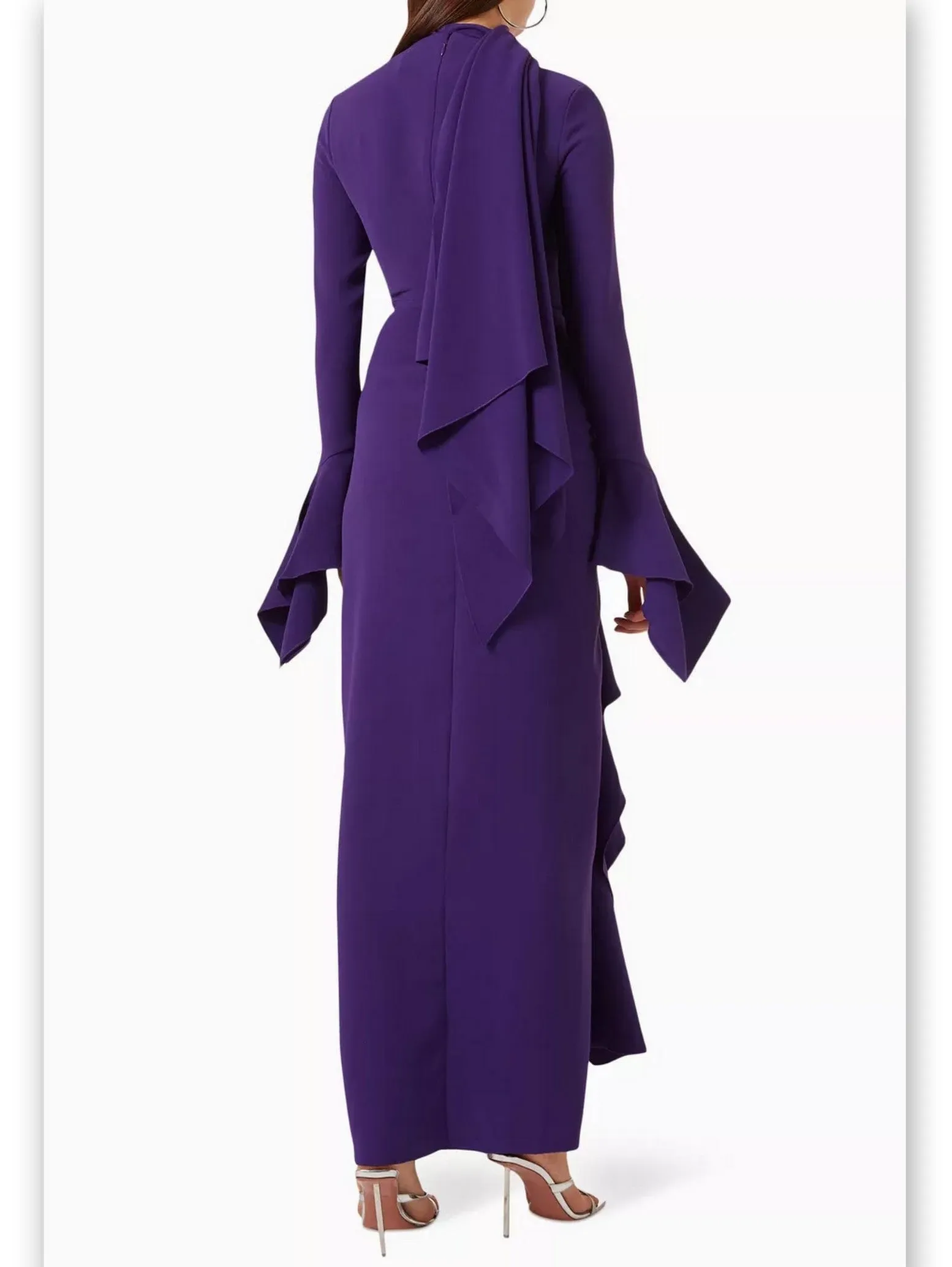 Women’s Draped Ruffled Crepe Scarf Maxi Dress in Purple