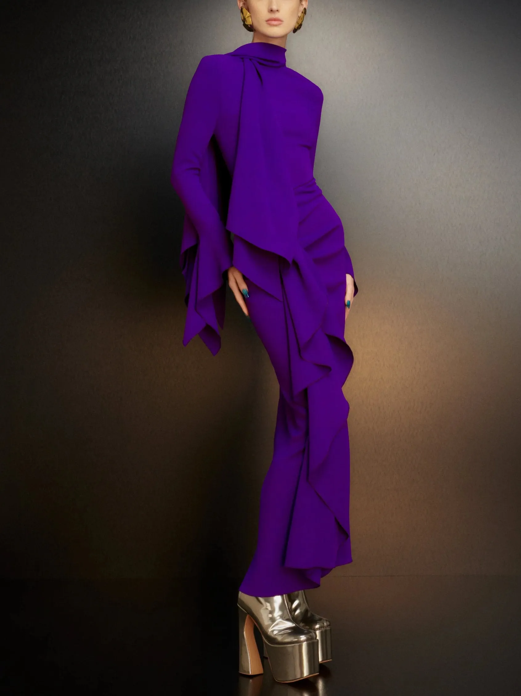 Women’s Draped Ruffled Crepe Scarf Maxi Dress in Purple