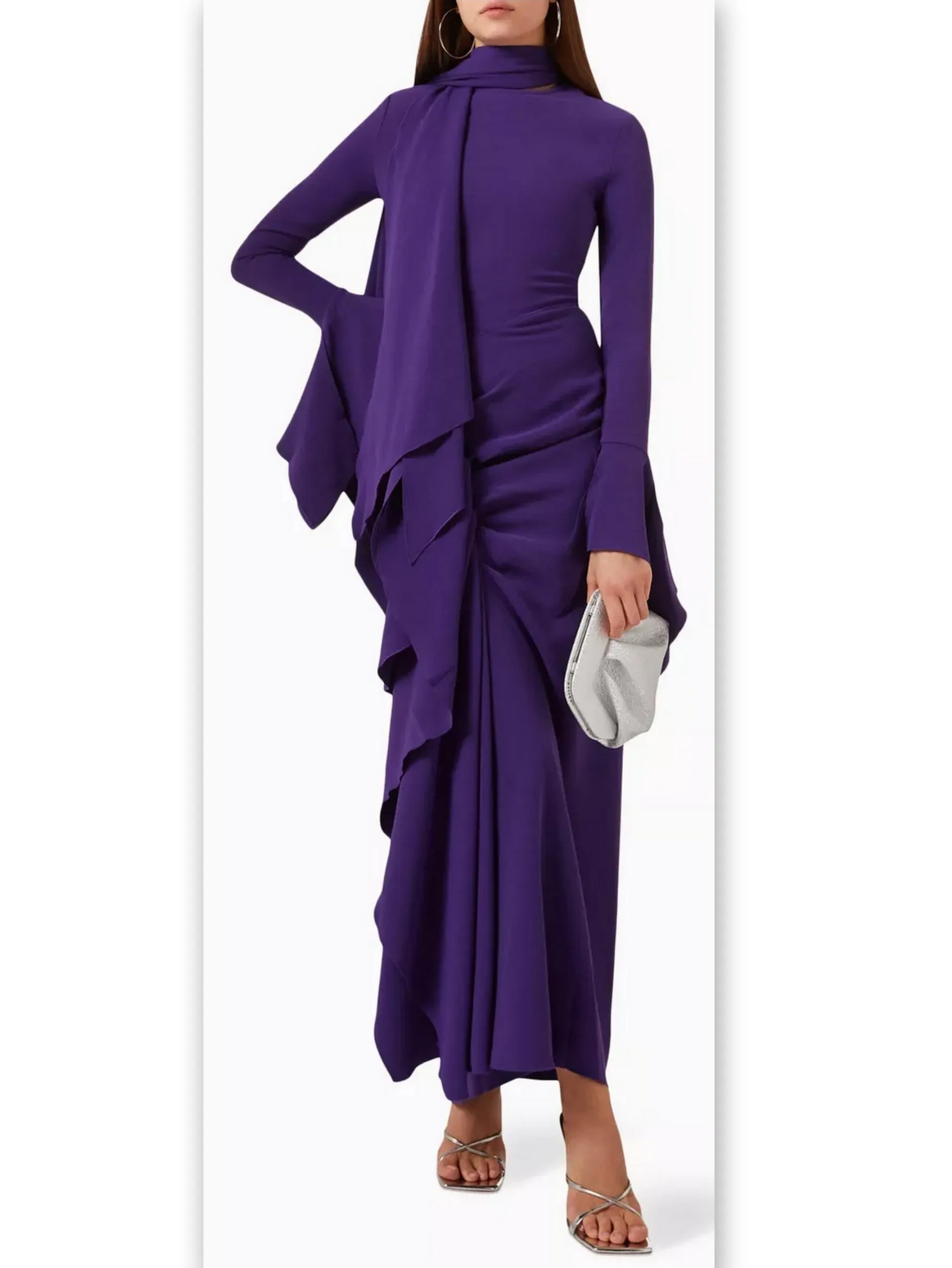 Women’s Draped Ruffled Crepe Scarf Maxi Dress in Purple