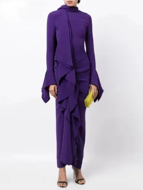 Women’s Draped Ruffled Crepe Scarf Maxi Dress in Purple