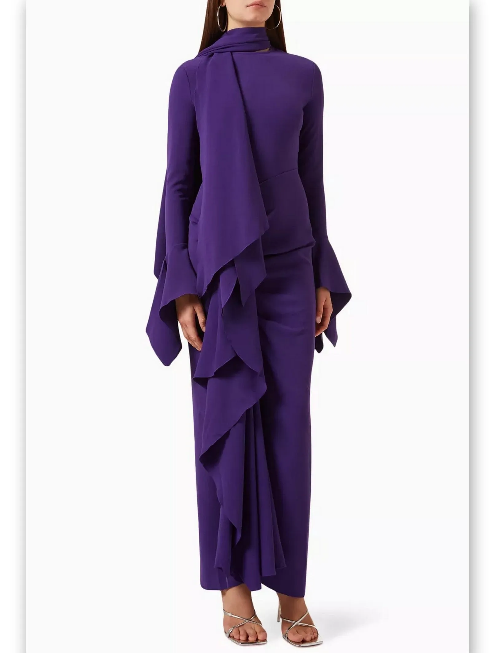 Women’s Draped Ruffled Crepe Scarf Maxi Dress in Purple