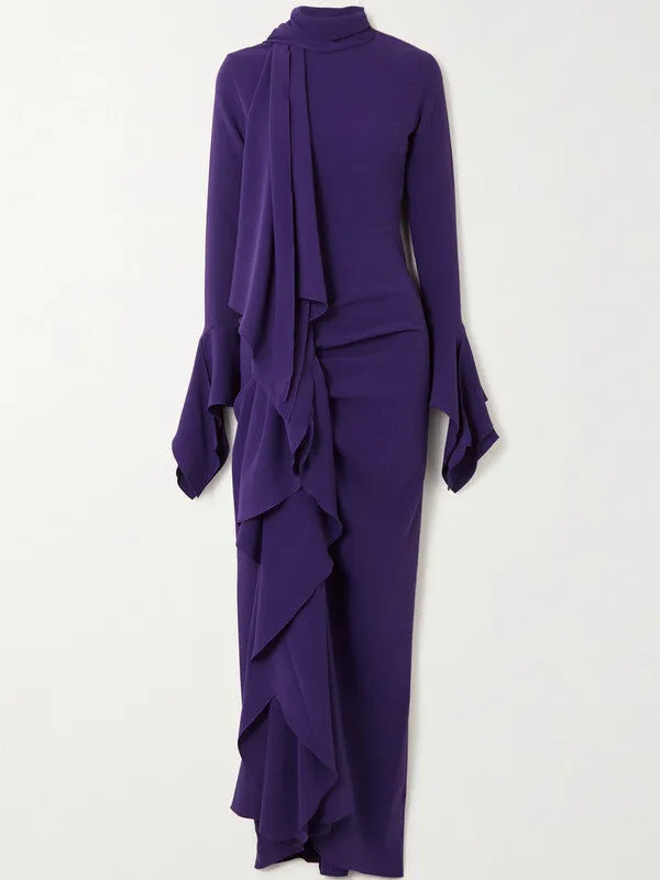 Women’s Draped Ruffled Crepe Scarf Maxi Dress in Purple