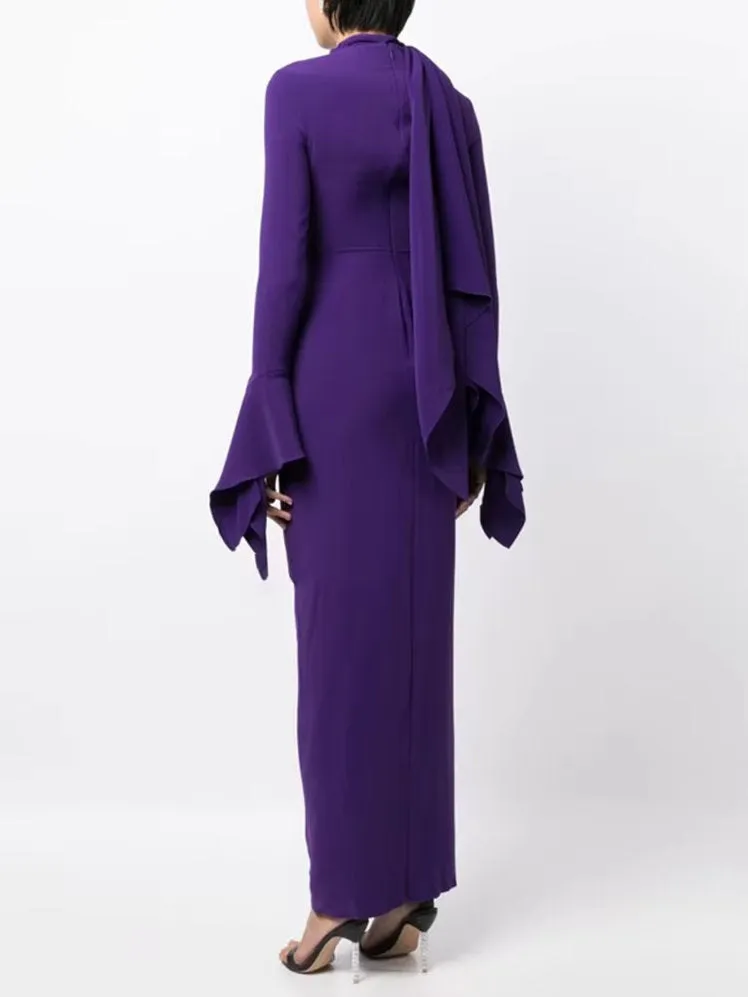 Women’s Draped Ruffled Crepe Scarf Maxi Dress in Purple