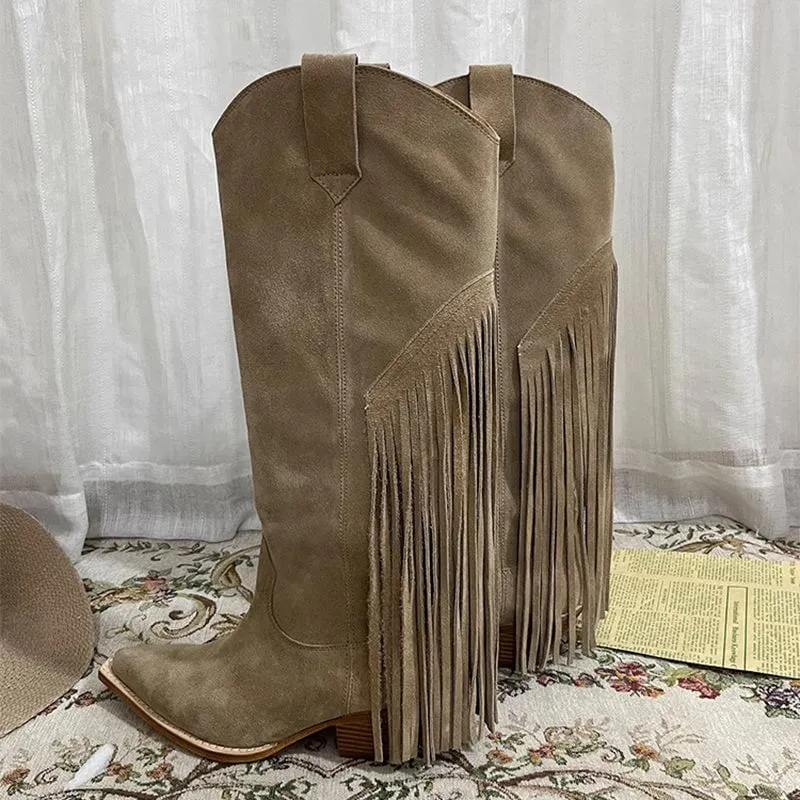 Womens SuedeLeather Knee High Boots 65mm Block Heel Tassels Cowboy Boots In Khaki