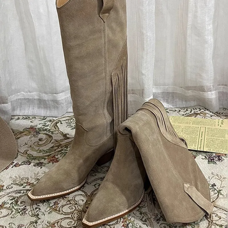 Womens SuedeLeather Knee High Boots 65mm Block Heel Tassels Cowboy Boots In Khaki