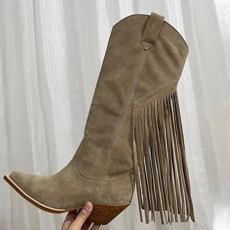 Womens SuedeLeather Knee High Boots 65mm Block Heel Tassels Cowboy Boots In Khaki