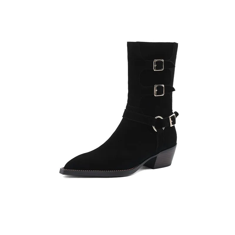 Womens SuedeLeather Mid Calf Boots 45mm Block Heel with Buckle Details In Black/Brown