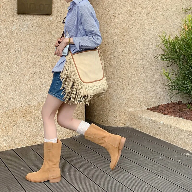 Womens SuedeLeather Mid Calf Boots In Black/Brown