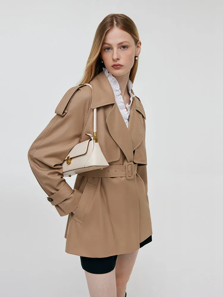 Worsted Wool Women Cropped Trench Coat With Belt