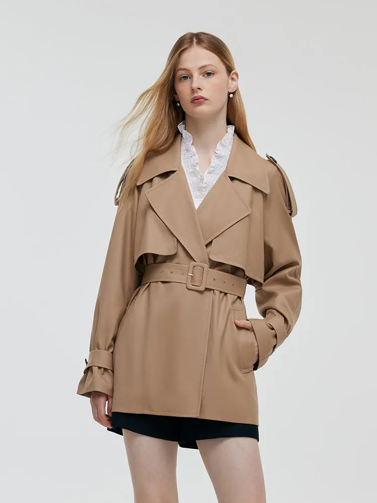 Worsted Wool Women Cropped Trench Coat With Belt