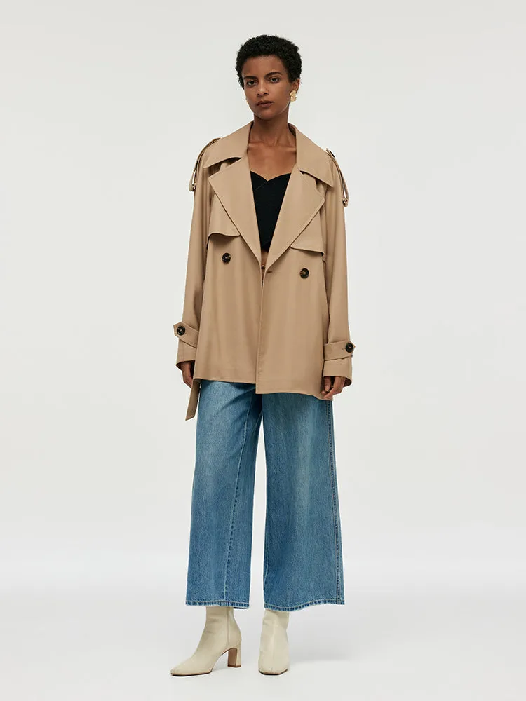 Worsted Wool Women Cropped Trench Coat With Belt