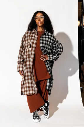 Zuri Oversized Grunge Flannel in Half   Half Mocha and Black