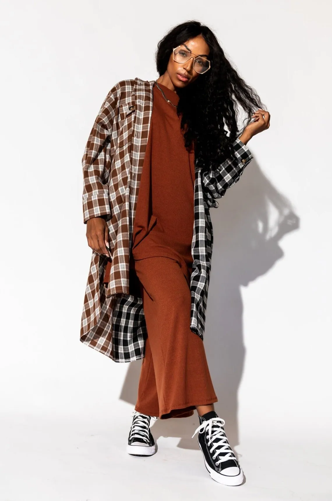 Zuri Oversized Grunge Flannel in Half   Half Mocha and Black