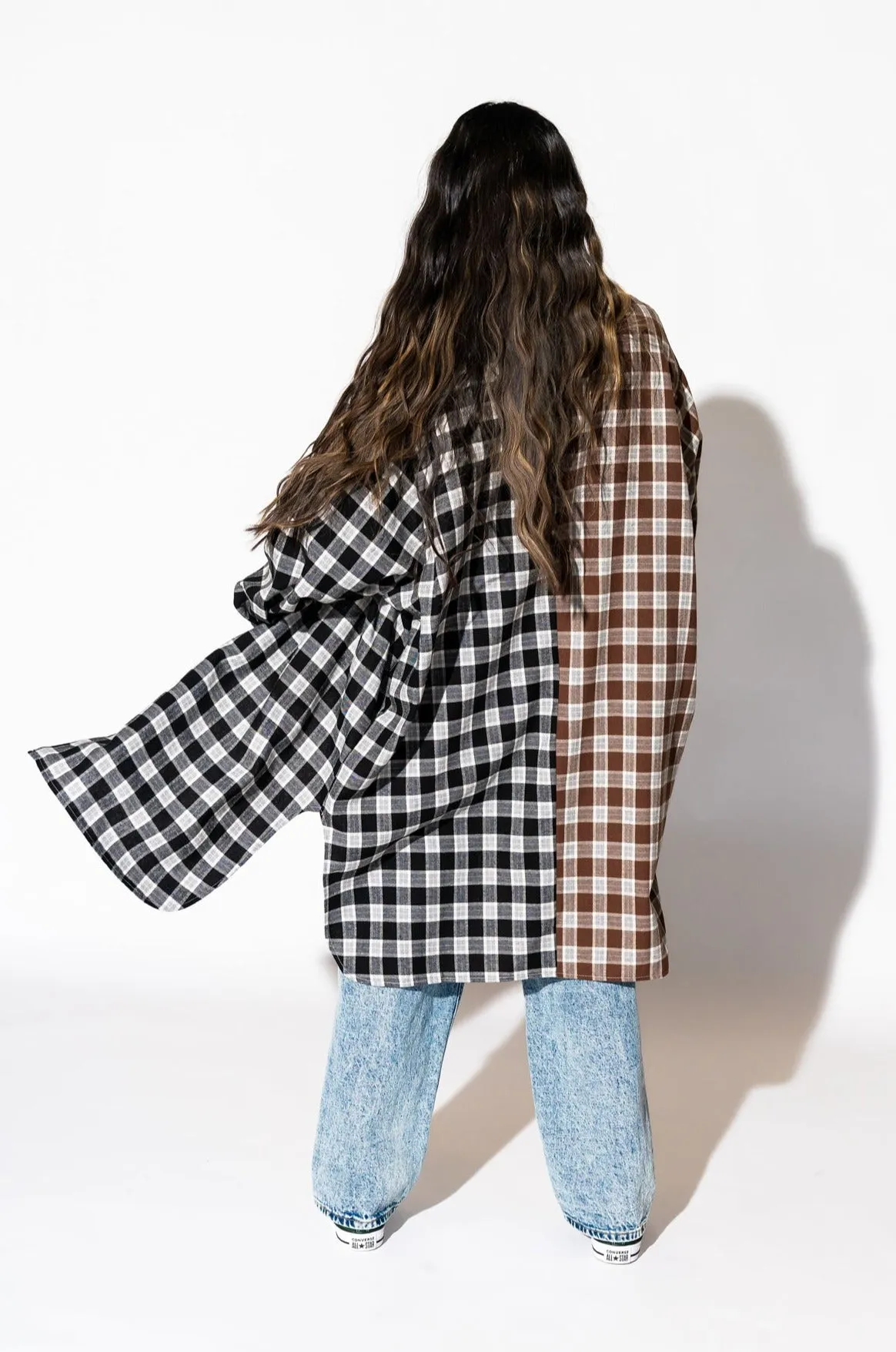 Zuri Oversized Grunge Flannel in Half   Half Mocha and Black