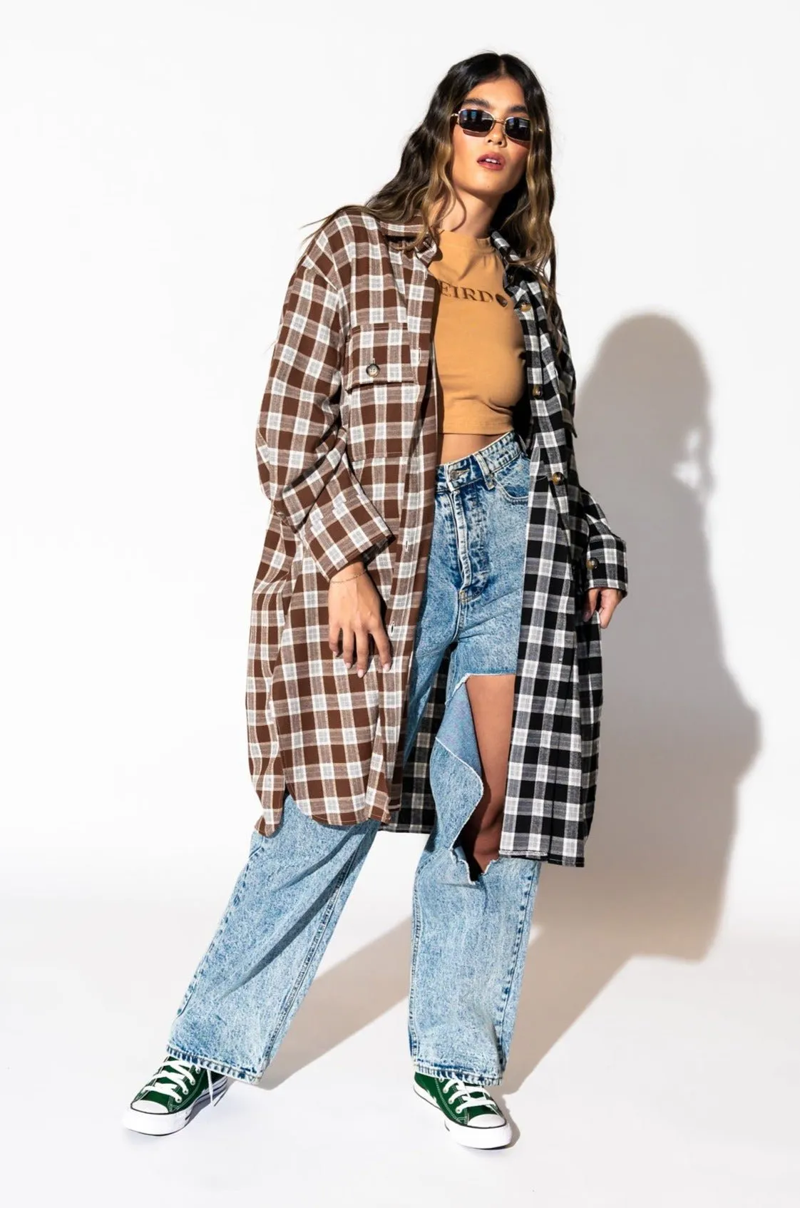 Zuri Oversized Grunge Flannel in Half   Half Mocha and Black