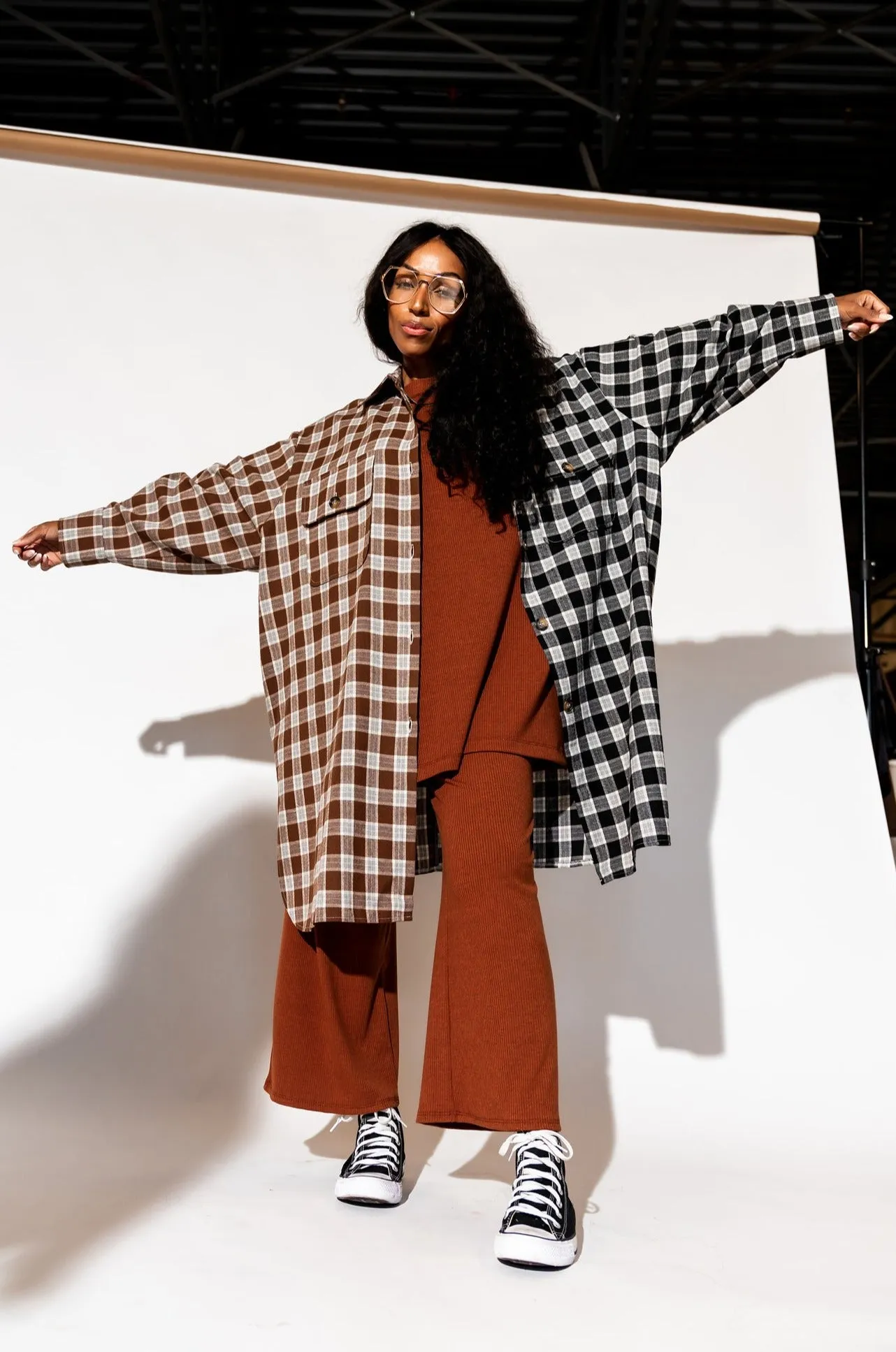 Zuri Oversized Grunge Flannel in Half   Half Mocha and Black