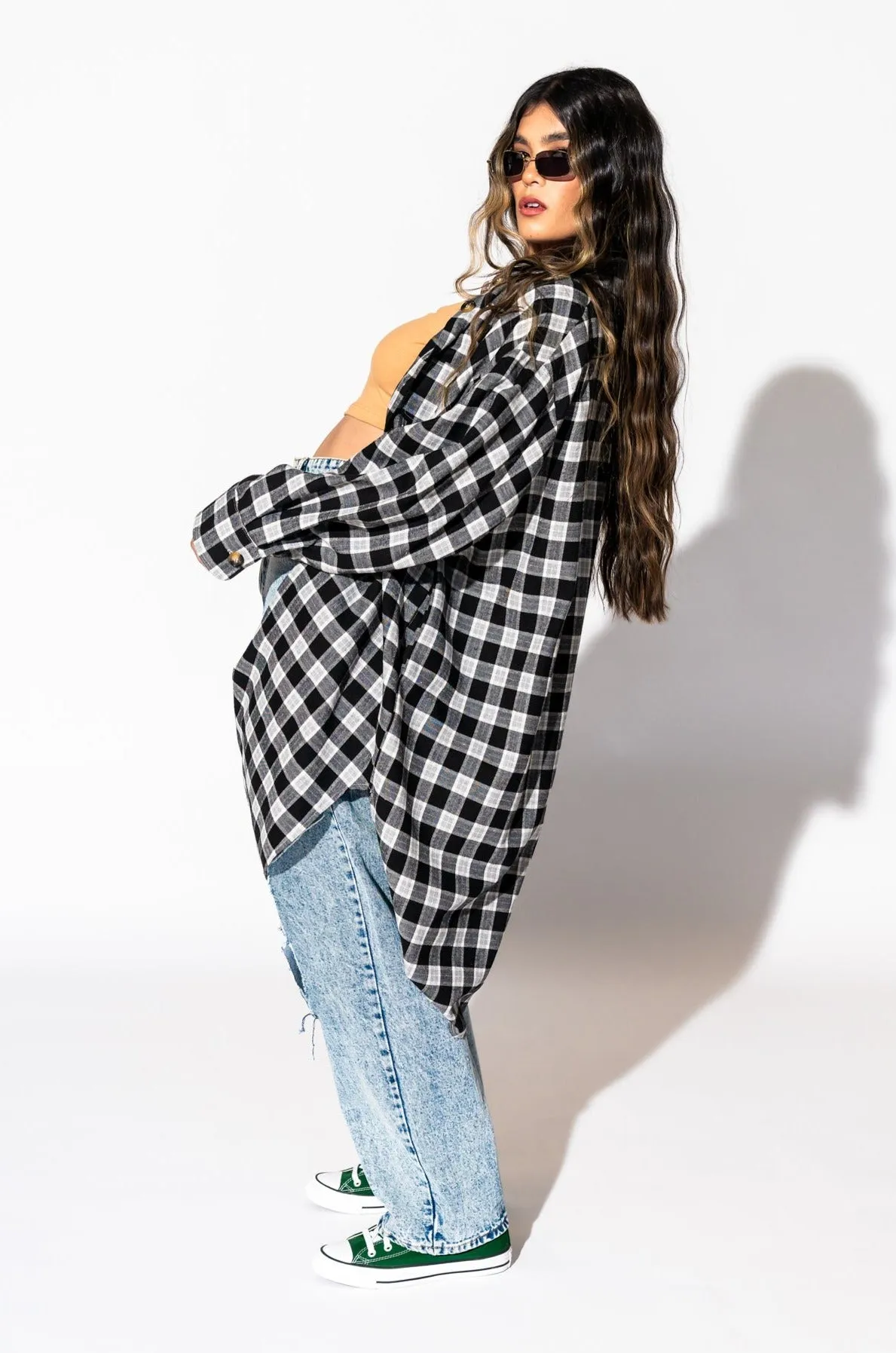 Zuri Oversized Grunge Flannel in Half   Half Mocha and Black