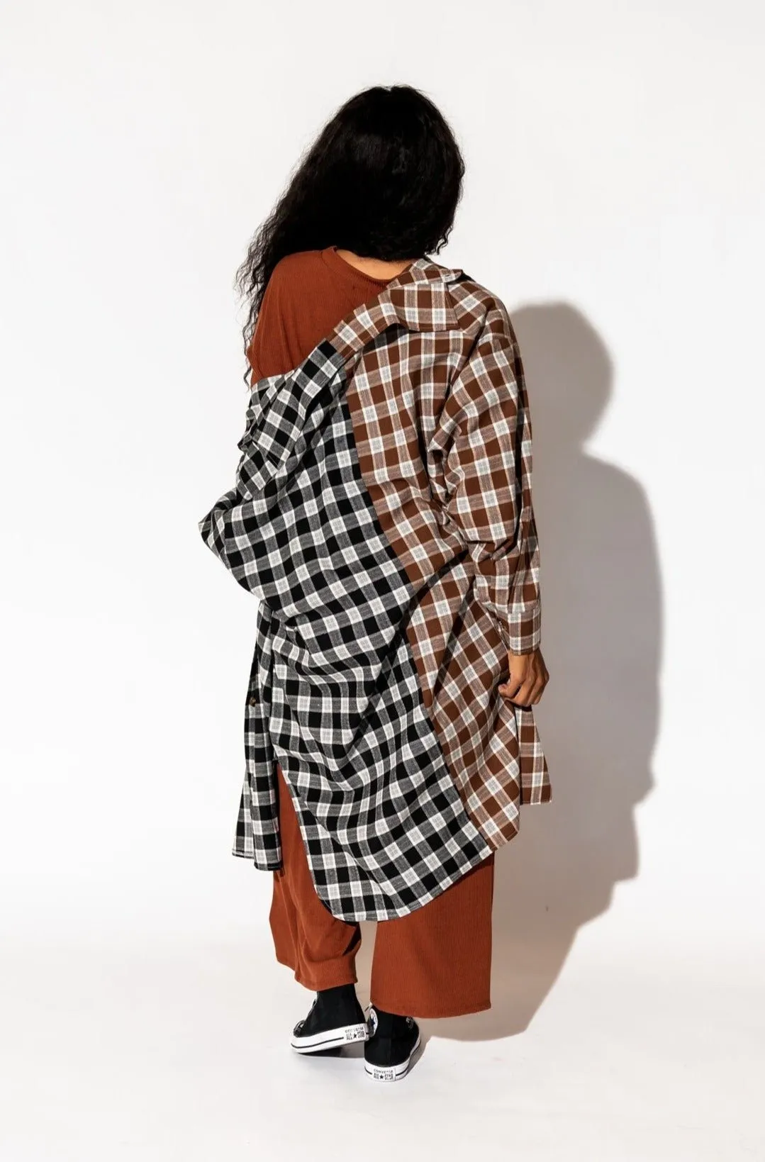 Zuri Oversized Grunge Flannel in Half   Half Mocha and Black